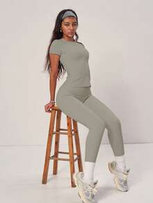 PinkTip Khaki Basic Top And Pants Set, High-Waisted Loose Fit, Essential For Summer Casual And Fitness Sports - Khaki - View 6