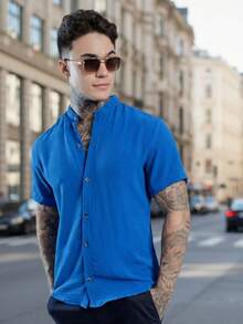Men's Short-Sleeve Mandarin Collar Dress Shirt – Premium Quality, Perfect Fit, Lightweight And Cool Fabric, Easy To Iron, Stylish Summer - 霧霾藍 - 查看 4