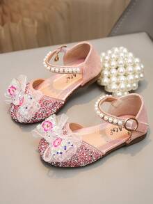 Sandalias planas con lazo de perlas y diamantes de colores para niños, zapatos de princesa para la escuela para niños pequeños - Rosa - Ver 4