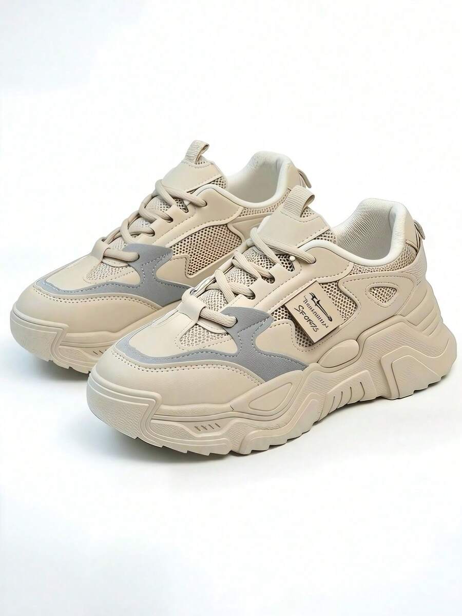 Women's Fashion Thick-Soled Sneakers, Lightweight Retro Design, White Material, Comfortable - 卡其色 - 查看 1