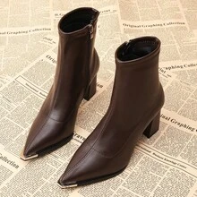 Giày bốt cổ ngắn da màu nâu mũi nhọn kiểu vintage mới cho nữ, gót cao, khóa kéo bên hông, dáng ôm, kiểu dáng thu đông 2025. - màu nâu - Xem 12