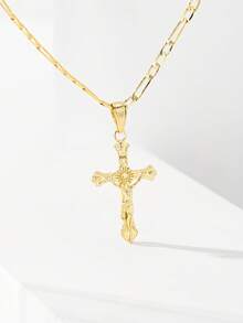 1pc Classic European Style Copper Jesus Cross Pendant Necklace, Limited Edition "Light Of Protection", Suitable As Gift For Christmas, Thanksgiving, Halloween, Mother's Day, Valentine's Day, Friends, Believers, First Holy Communion, Daily Wear And Prayer - Yellow Gold - View 3