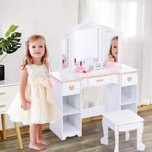 Vanidad para niños con Espejo de Tres Pliegues, Mesa de Cambiador y Taburete para niñas pequeñas, Maquillaje para niños con cajón y estantes Abiertos para niñas de 3 a 9 años, Color Blanco - Blanco - Ver 6