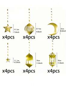 24/18/12/6 pezzi Decorazioni appese a forma di lanterna con stelle e mezzalune dorate per Eid Mubarak, ghirlanda appesa a tema Ramadan, sfondo per festival, matrimoni, forniture per feste - Dorato - Visualizzare 8