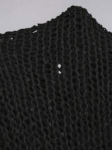 Yuwenier 性感低胸镂空透视亮片钩针罩衫蝙蝠袖长袖宽松上衣女士万圣节外出派对服装 - 黑色 - 查看 6