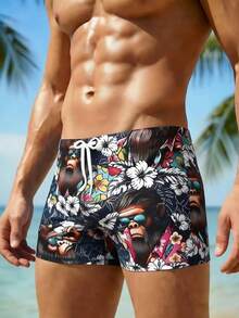 European & American Style Men's Vacation Chic Gorilla Print Swim Trunks - Drawstring Waist Surfing Beach Shorts, Suitable For Beach, Pool - Multicolor - View 2