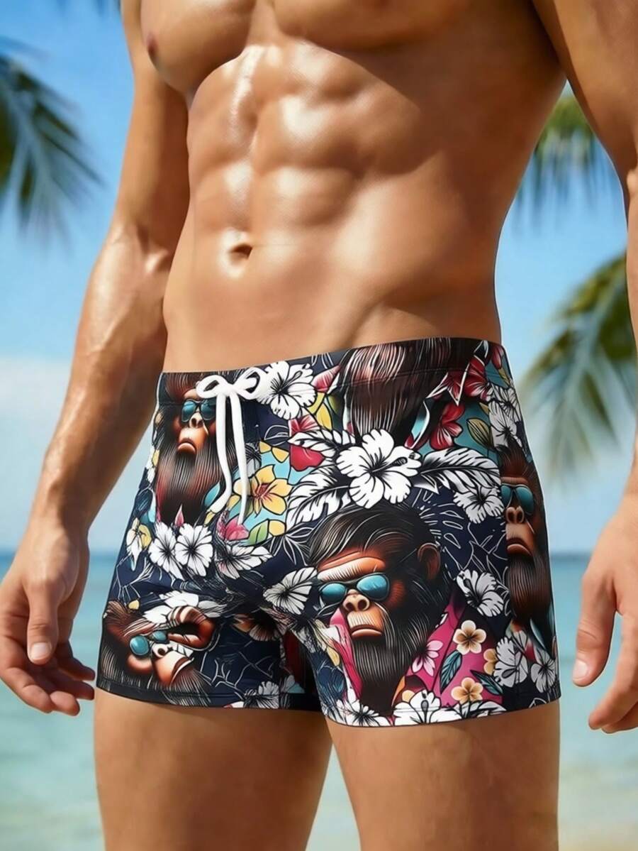 European & American Style Men's Vacation Chic Gorilla Print Swim Trunks - Drawstring Waist Surfing Beach Shorts, Suitable For Beach, Pool