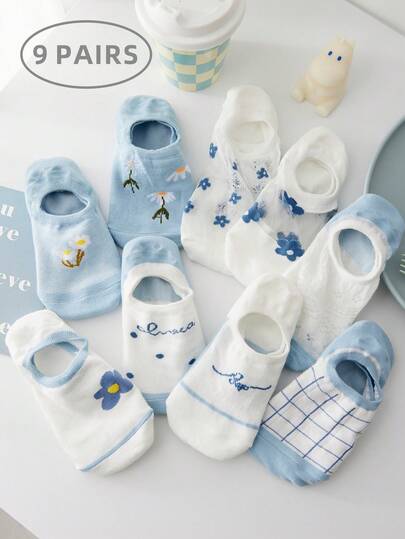 1/5/9/10 pares de calcetines de mujer con estampado floral, calcetines casuales de tobillo con agarre antideslizante en el talón, aptos para uso diario y en el hogar