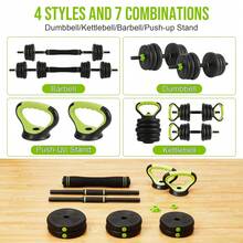 Juego de mancuernas ajustables, juego de pesas libres de 44/66/88 lb con conector, 4 en 1 intercambiables a barra, pesa rusa y soporte para flexiones. - Negro y verde - Ver 2