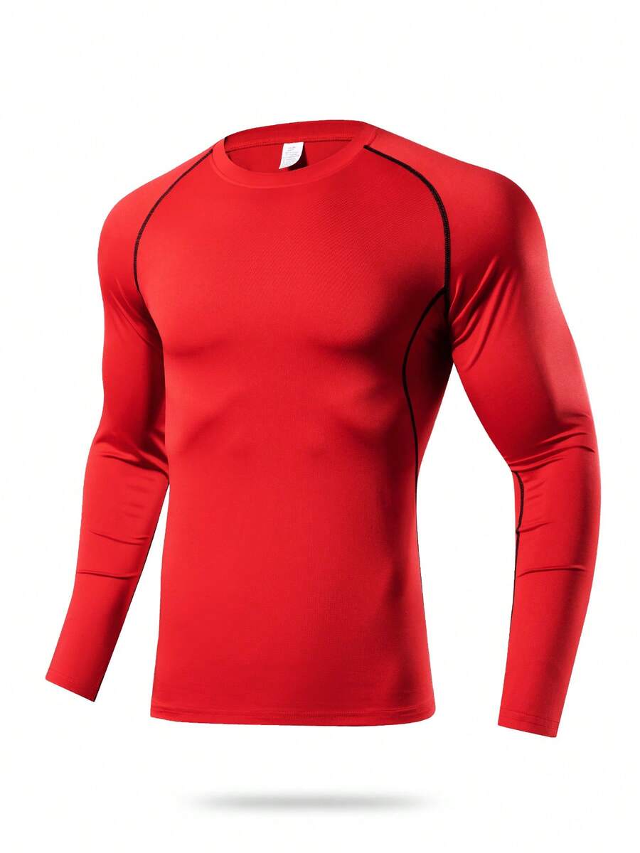 1pc Men's Compression Long Sleeve Fitness Top, Tight Core Workout Base Layer Spring - Red - View 1