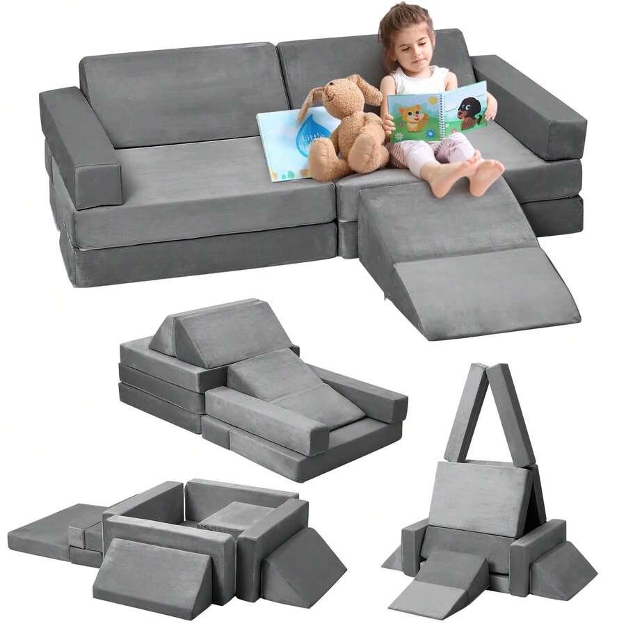 Sofá Infantil Modular de 12 Piezas con Piscina de Pelotas, Convertible para Niños y Niñas Creativos, Sofá de Juego Ideal para Sala de Juegos - Gris - Ver 1