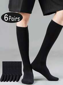 6 Pairs Men's Long Tube Socks, Autumn And Winter Mid-Calf Business Black Socks, High Socks, Premium Material, Anti-Odor, Cozy - Black - View 7