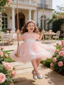 女童优雅花卉刺绣网纱公主裙，蓬蓬薄纱派对礼服，婚礼花童礼服，晚礼服 - 粉色 - 查看 6