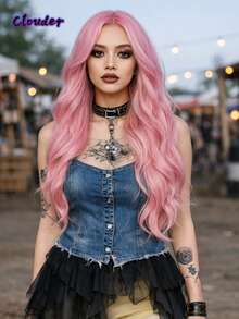 clouder Gothic Punk Pink Long Wavy Curly Wig 26-Inch Center-Parted Bangs Heat-Resistant Synthetic Fiber Wig Women's Soft And Fluffy Curls Perfect For Daily Cosplay, Street Style, Holiday Parties, Music Festivals, Y2K Aesthetic, Avant-Garde College Chic, Modern Fashion Punk Looks - 粉色 - 查看 2
