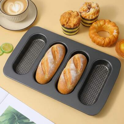 1/2pcs Non-Stick Perforated Carbon Steel Hot Dog Bun Baking Pan, 4-Cavity, Suitable For Homemade Bread, Mini Baguettes And Sandwich Rolls, Dishwasher