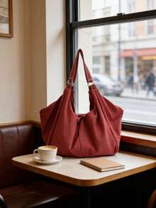 Large Capacity Plaid Pattern Shoulder Bag, Zipper Closure Burgundy Ladies Crossbody Bag, Casual Versatile Tote Bag, Suitable For Work, Study, Travel - Redwood - View 9