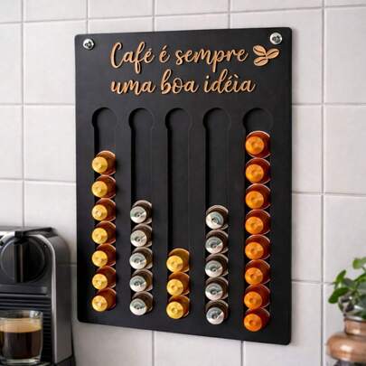 MDF Universe Porta Cápsulas De Parede Compatível Nespress Para 50 Cápsulas MDF Preto E Madeira Decoração Cantinho Do Café