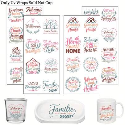 32 pièces Papier de transfert UV DTF avec citations de famille allemandes, design de citation de maison de famille, convient pour les verres Libbey de 16 oz, décalcomanies en plastique durables, convient pour les tasses, bouteilles, artisanat - cadeau de famille idéal DIY Décoration pour autocollants d'art et d'artisanat Décalcomanies en plastique auto-adhésives