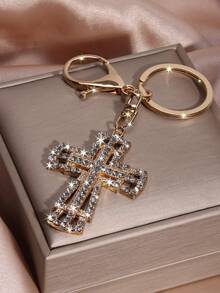 1pc Hiphop Streetwear Crystal Rhinestone Hollow Cross Car Key Chain, Metal Cute Bag Charm Keyring, Unisex Creative Cross-Border Gift, All Season - Gold - View 4