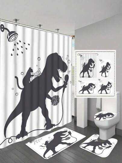 1/4pcs Funny Dinosaur & Cat Shower Curtain Set - Cute Cartoon Animal Bathroom Decor, Black Silhouette Design, With Shampoo Bottle And Microphone, Bathroom Curtains, Modern Polyester Fabric, 70.8*70.8 Inches, Machine Washable, Bathroom Decor Set Includes Waterproof Shower Curtain, Non-Slip Rug, Toilet Lid Cover, Bath Mat And 12 Plastic Hooks