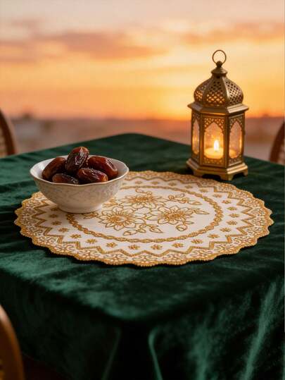 12件套优雅金色花卉刺绣蕾丝餐垫，圆形桌垫，荷叶边设计，适合斋月和开斋节餐桌装饰、节日派对餐具，斋月吉祥，开斋节吉祥