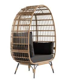 Sillón de ratán extragrande con forma de huevo para interior y exterior, con estructura de acero y 4 cojines para patio y porche, color negro. - Negro - Ver 7