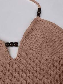 Yuwenier 性感优雅针织大V领露背镂空修身度假长裙沙滩装夏季情人节音乐节度假连衣裙 - 卡其色 - 查看 7