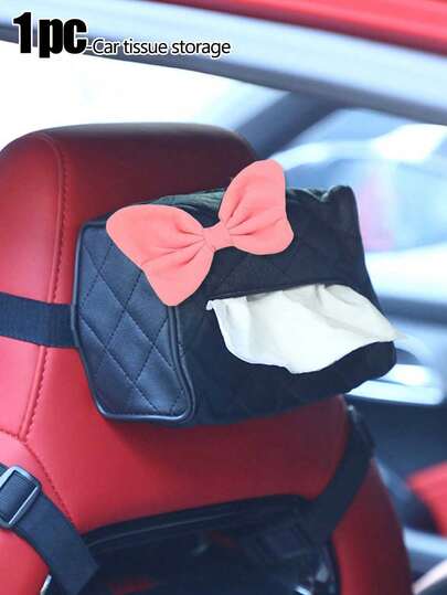 Pu Leather Car Tissue Storage Box, Pink Girl Bow Design, Princess Style Velvet Fabric Big Bow, Can Be Installed On The Car Sun Visor, Seat Back, Car Interior Accessories Multifunctional Storage Box, Can Also Be Used In Bedrooms, Living Rooms, Toilets, Bathrooms, Offices And Other Places, Convenient Storage, Multifunctional Tissue Storage Box, Soft Leather, Diamond-Shaped Tissue Box, Used For Tissue Rolls, Can Be Used As A Mother'S Day Gift