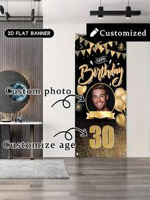 1pc Customized 30th Birthday Party Banner - Personalized Photo & Age Design, Luxury Black Gold Polyester Vinyl Poster With Balloons & Ribbons, Suitable For Doorway Decor, Photo Props, Available In Multiple Sizes, Birthday Party Decoration - Multicolor - View 3