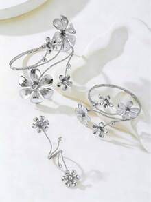 一套时尚复古几何3D花卉水钻手链、手镯、戒指首饰套装，女士派对礼物 - 銀色 - 查看 5