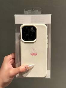 1 pieza Funda de teléfono con textura de cuero blanco, lente mate, protección antideslizante, diseño minimalista con patrón de cereza rosa, compatible con iPhone 16 Pro Max, 17/16/15/14 Plus, 13/12/11, Air, Series, versión internacional, no la versión nacional - Multicolor - Ver 4
