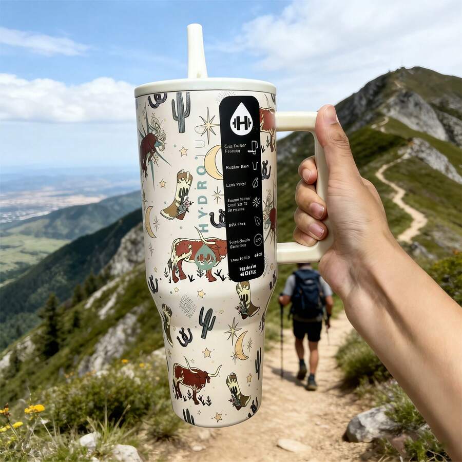 〖1000+〗Hydrojugg Original  40Oz  Stainless Steel Inner Tank! Traveler  With Handle Straw Stainless Steel Water Bottle, Leak-Proof Design, With Rubber Base - Suitable For Sports, Travel, Outdoor Activities, Fitness, Office Environment, As Teacher Gifts, Valentine's Day Gifts, Birthday Gifts, Thanksgiving Gifts, Christmas Gifts, Halloween Gifts, Halloween Party Favors, Party Supplies, Etc. - 西部牛仔-40oz - 查看 1