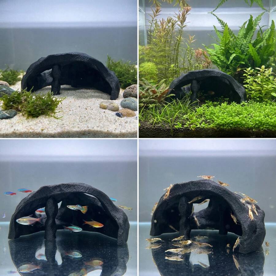 3D Printed Simulated Rock Hideaway House For Fish And Shrimp, Aquarium Decor And Shelter, Detailed Natural Texture, Multi-Hole Dwelling Space, Functional Ornament For Fish And Shrimp Keeping - A - View 1