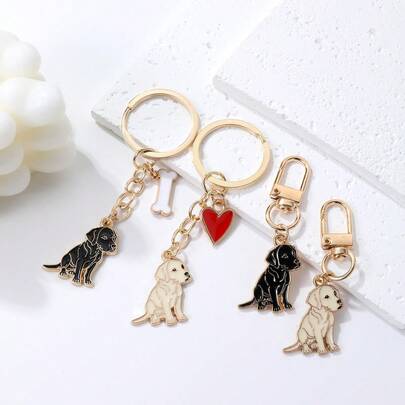 男女通用狗狗钥匙扣，4件套珐琅拉布拉多犬吊坠钥匙圈，带心形/骨头吊饰，可爱宠物爱好者礼物，可挂在钱包或背包上