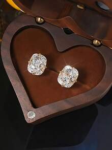 2pcs Elegant Cubic Zirconia Square Earrings, Gold Plated Bridal Jewelry, Gift For Girlfriend, Wife Or Lover On Valentine's Day And New Year - Earrings - View 3