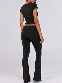 Lounge Sets For Women 2 Piece Foldover Yoga Flare Leggings Pants Crop Tops Casual Y2K Outfits Matching Tracksuit Set - 黑色 - 查看 2