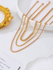 3pcs/Set Women's Herringbone Necklace, Delicate Solid Color Snake Chain Necklace, Minimalist Layered Necklace, Gold Jewelry Gift, Gold Necklace, Women's Jewelry, Stacked Necklace, French Retro Gold Necklace - Gold - View 3