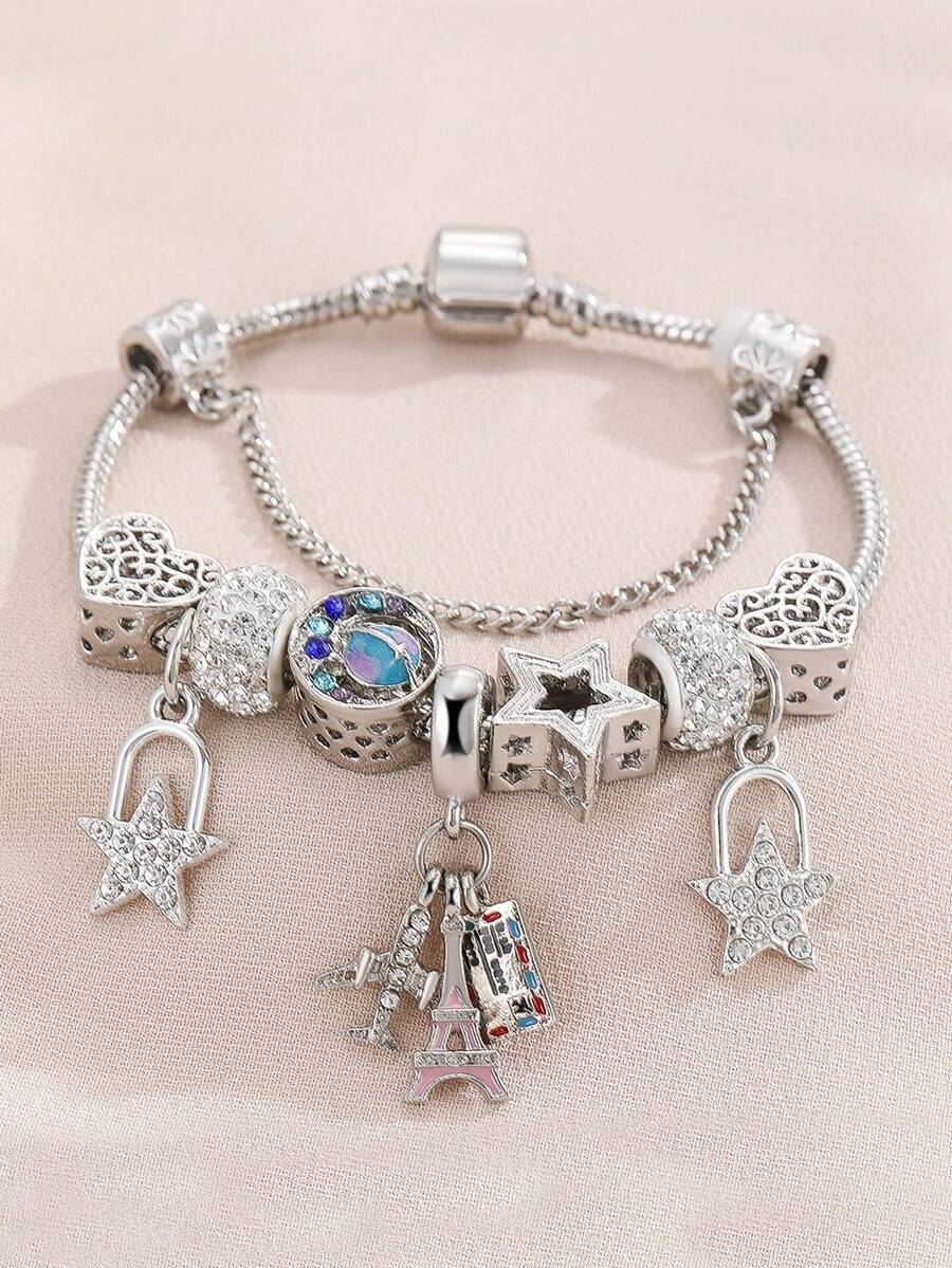 1pc European & American Style DIY Beaded Bracelet With Airplane & Suitcase Pendant, Suitable For Daily Wear As Gift For Friends - Multicolor - View 1
