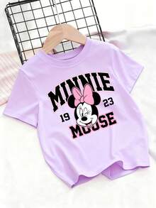 Disney Playful Minnie Mouse Bow Print T-Shirt, Girls' Lavender Preppy Style Loose Cotton Short Sleeve Top - Màu tím hoa cà - Xem 3