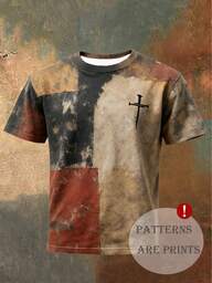 Men's Vintage Patchwork Graphic T-Shirt, Jesus Cross Faith Pattern Round Neck Tee, Suitable For Everyday Wear