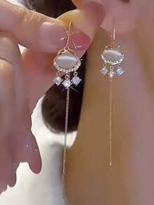 1对精致猫眼流苏耳环，百搭优雅长款耳环，中国风时尚配饰 - 金色 - 查看 1