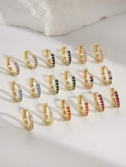  2pcs European & American Style Copper Alloy Inlaid Colorful Round Hoop Earrings, Available In Purple, Red, Orange, Navy, Pink, Green, Multicolor, Light Blue, White, Suitable For Women, Couples, Daily Wear, Decoration, Gift