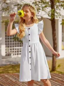 女童夏季连衣裙，喇叭袖，A字型纽扣下摆，休闲中长款，白色，可爱休闲优雅 - 白色 - 查看 3