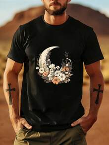 Casual T-Shirt With Moon And Flowers Print, Women's Cotton Graphic Tees, Unisex Black T-Shirt, Graphic Tees, Couple Sets, Streetwear T-Shirt For Him/Her - 黑色 - 查看 2