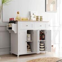 Carro de Isla de Cocina con Almacenamiento, Encimera de Madera con Ruedas, Cajón y Armario de Almacenamiento, Móvil para Cocina - Blanco - Ver 5