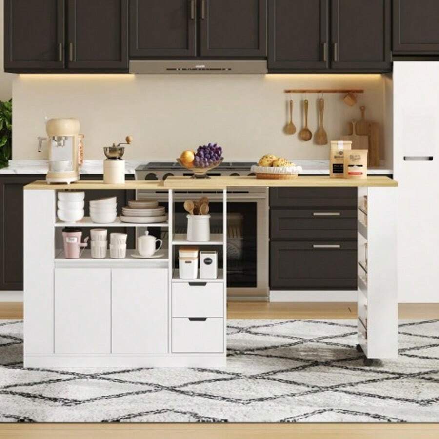 Kitchen Island With Extendable Worktop, 115cm Long Storage Island With Shelves On Three Sides And Two Drawers, Coffee Corner, Extendable Wooden Dining Table, Ideal For Dining Rooms And Home Bars - Natural Wood Color + White - View 1