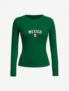 Mexico Flag Bold Lettering Women's Fashion Long Sleeve Shirt - 綠色 - 查看 2