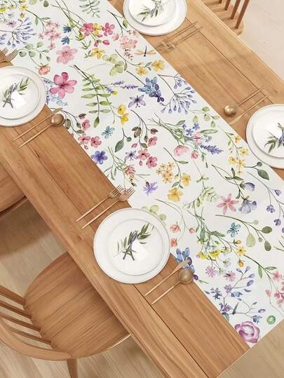 1 buc. Covor de masă din in, cu motive florale de primăvară în acuarelă, pentru decorațiuni de casă, bucătărie, sufragerie, pentru primăvară, vară și Paște, disponibil în diferite dimensiuni.