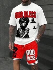 Men's Fashion Street Style Figure Print Round Neck Short Sleeve Top And Shorts Set - Multicolor - View 4