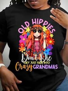 Women's Casual Crew Neck T-Shirt with old Hippie Graphic Print - Breathable & Comfortable, all-Season Short Sleeve Tee - Noir - Voir 1